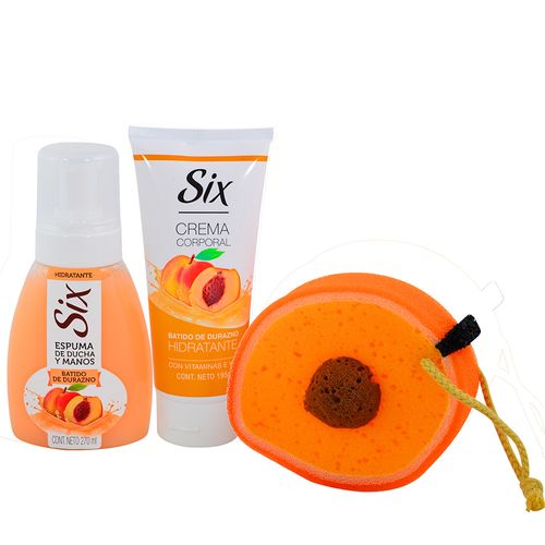 Pack SIX durazno espuma + esponja + crema corporal 195 ml