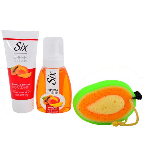 Pack SIX papaya mango espuma 270ml + esponja + crema corporal 195 ml
