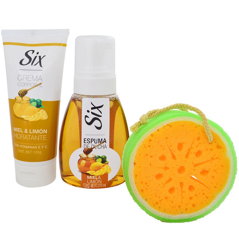 Pack-Six-miel-y-limon-espuma---esponja---crema-corporal-195-g