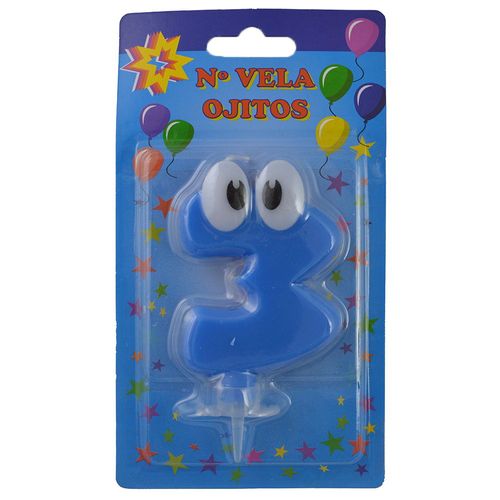 Número 3 con ojos celestes + portavela de plástico