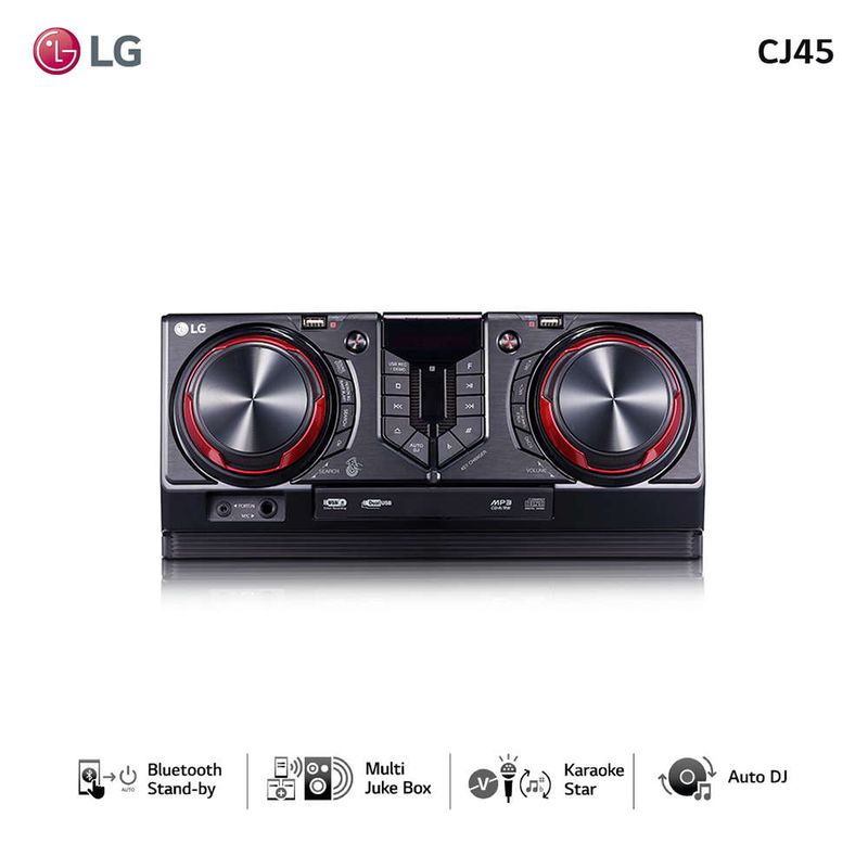 Minicomponente--LG-Mod--CJ45--Potencia-2500W-RMSReproduce-CD-MP3Conexion-USB-2-BluetoothSintoniza-AM-FM-Funcion-Karaoke-Efecto-DJ-Garantia-1-año