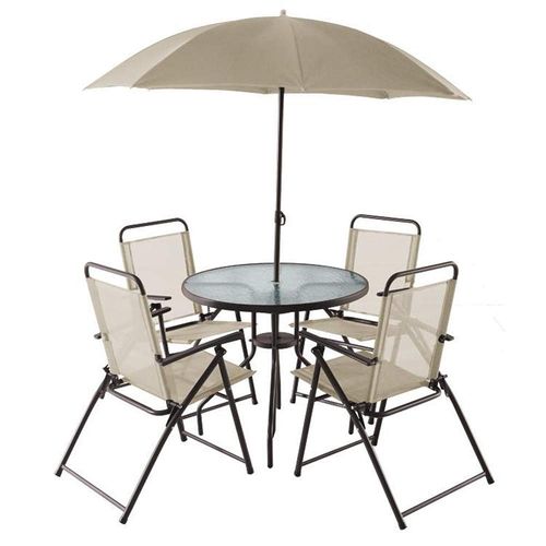 Set de jardín mesa 4 sillas acero + sombrilla
