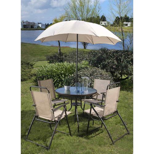Set de jardín mesa 4 sillas acero + sombrilla