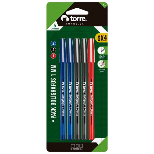 Bolígrafos TORRE 2 azules + 2 negros + 1 rojo 10 m