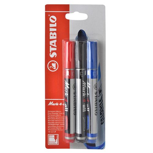 Marcador permanente STABILO rojo, azul y negro 3x2 un.