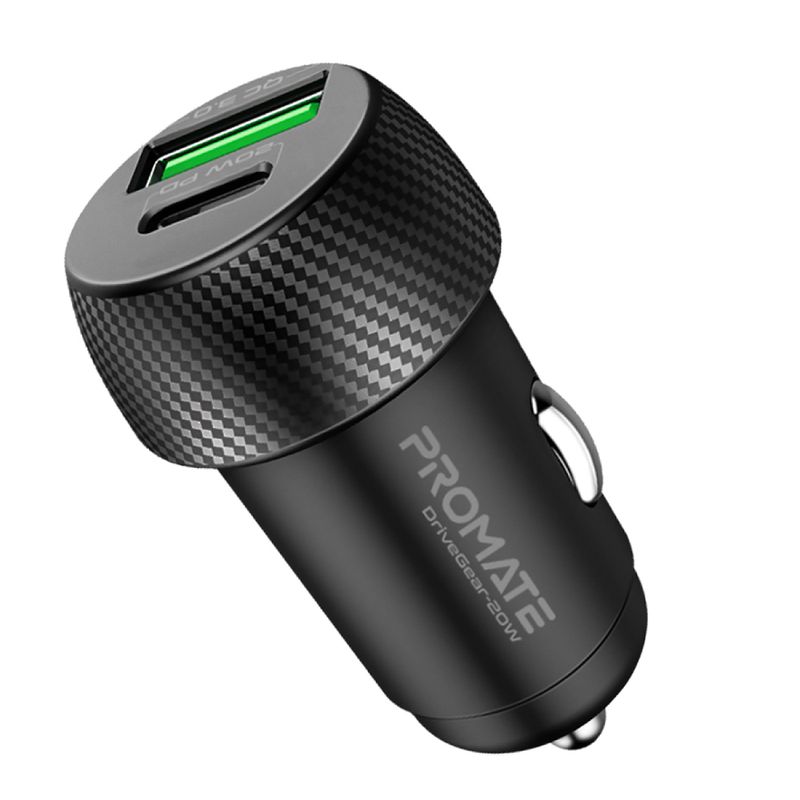 Cargador-de-auto-PROMATE-Drivegear-20w-usb-usb-c-negro