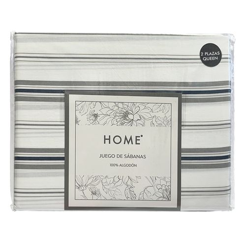 Juego de Sábanas HOME Queen 180 hilos blanco/gris con franjas