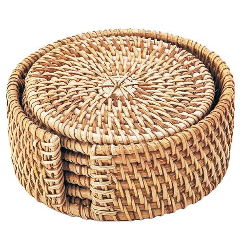 Set x6 posavasos ratán con soporte d11,5xh5 cm natural