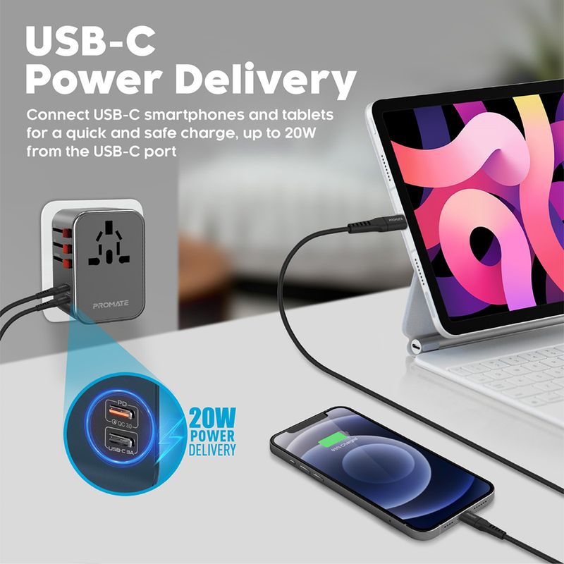 Cargador-de-pared-PROMATE-Tripmate-36w-universal-USB-C-USB-QC-30