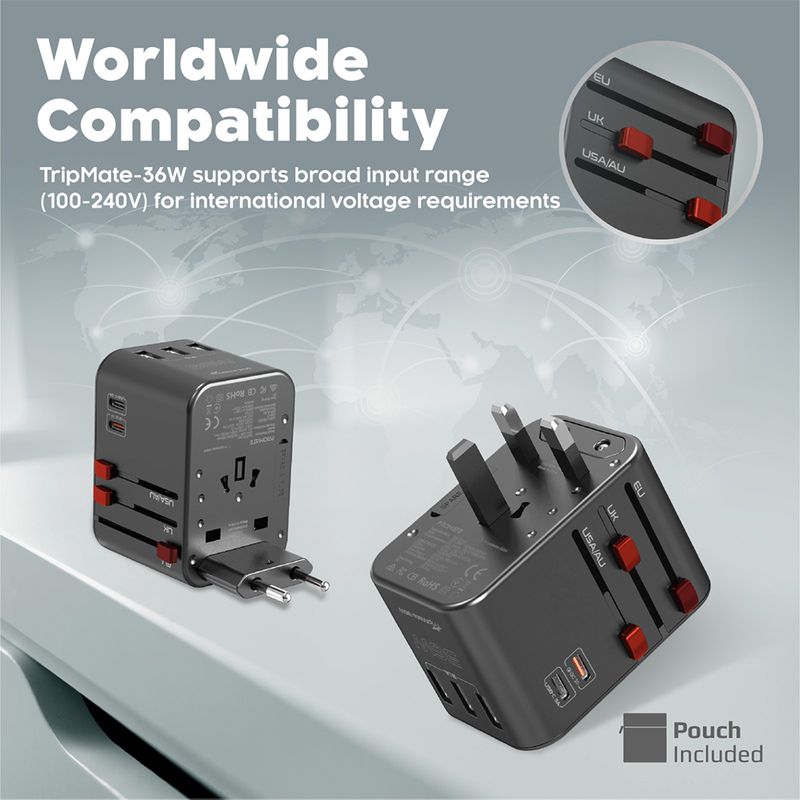 Cargador-de-pared-PROMATE-Tripmate-36w-universal-USB-C-USB-QC-30