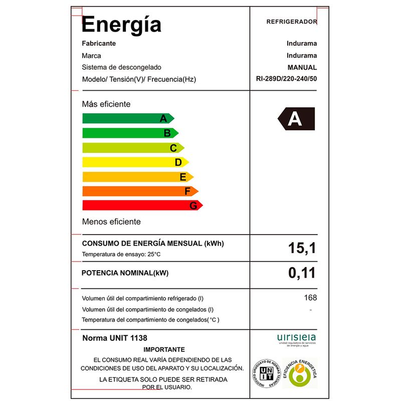 Heladera INDURAMA Mod. IN-RI-2890 inoxidable cap.173 L