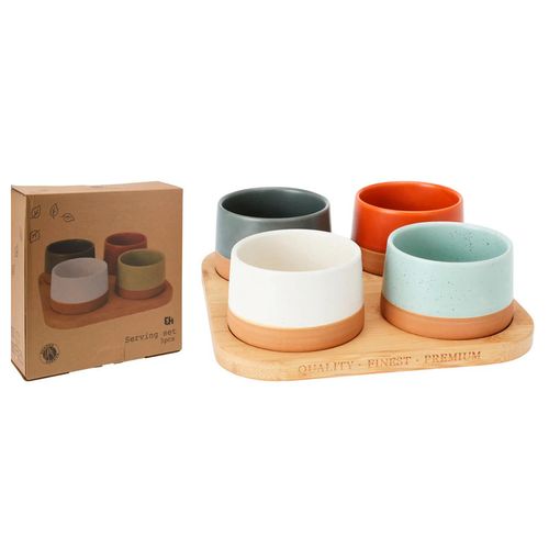 Set x 4 Salseras Cerámica con Bandeja Bambú