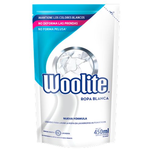 Detergente líquido WOOLITE extra blanco doy pack 450 ml