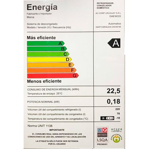 Heladera DAEWOO Mod. DART338NS Frio Seco Inverter 298 L