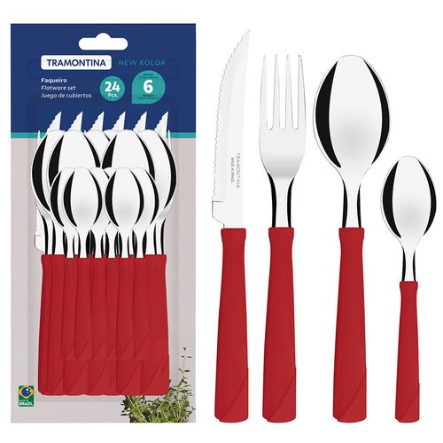 Juego de Cubiertos 24 Piezas con Mango Rojo TRAMONTINA