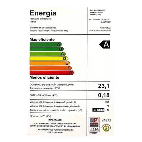 Heladera DAEWOO Mod. DART368NS Inverter Frio Seco 332 L